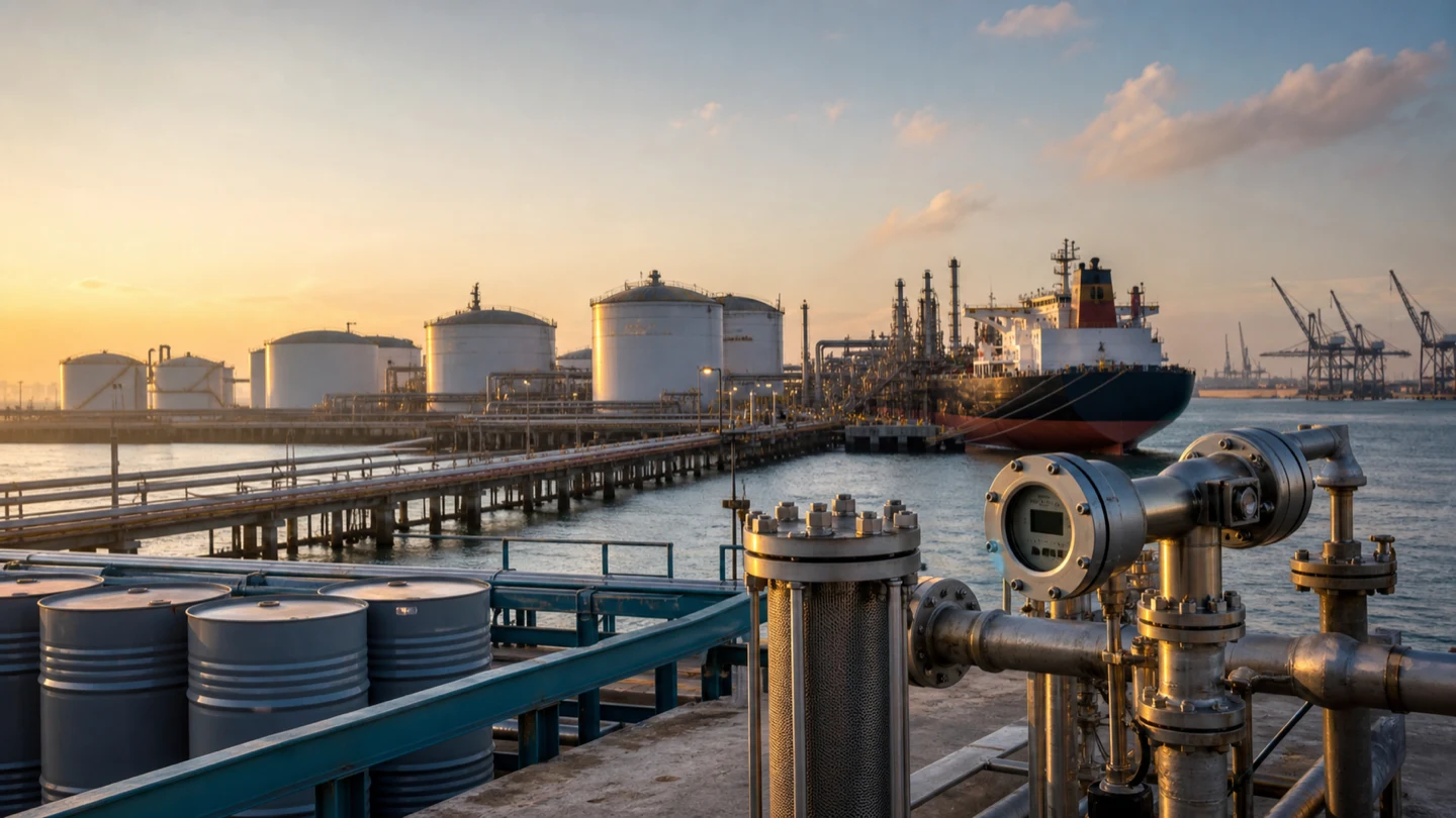 Fuel export terminal with refinery storage tanks, tanker berth and flow-meter equipment
