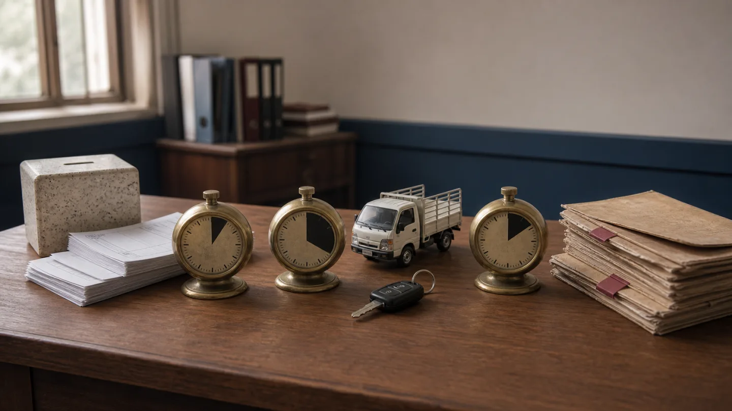 Three brass timers divide deposit slips, a commercial-vehicle model and loan files on a bank desk.