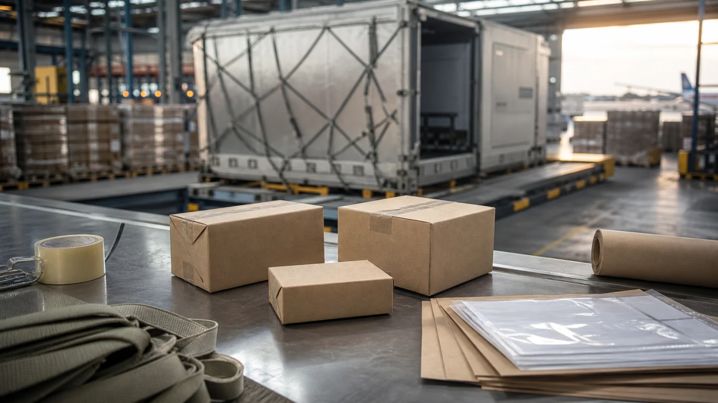 Small unbranded parcels on a freight-consolidation table beside an air-cargo container.