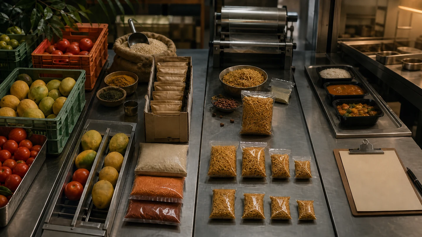 Four food-processing lanes show crops, staples, snack packs and QSR trays moving through different pricing cycles.