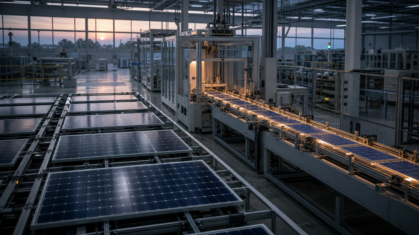 Rows of finished solar modules beside a single illuminated production line inside a factory at dawn