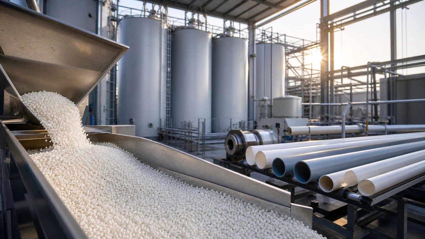 White PVC resin pellets feed toward storage silos and a pipe extrusion line