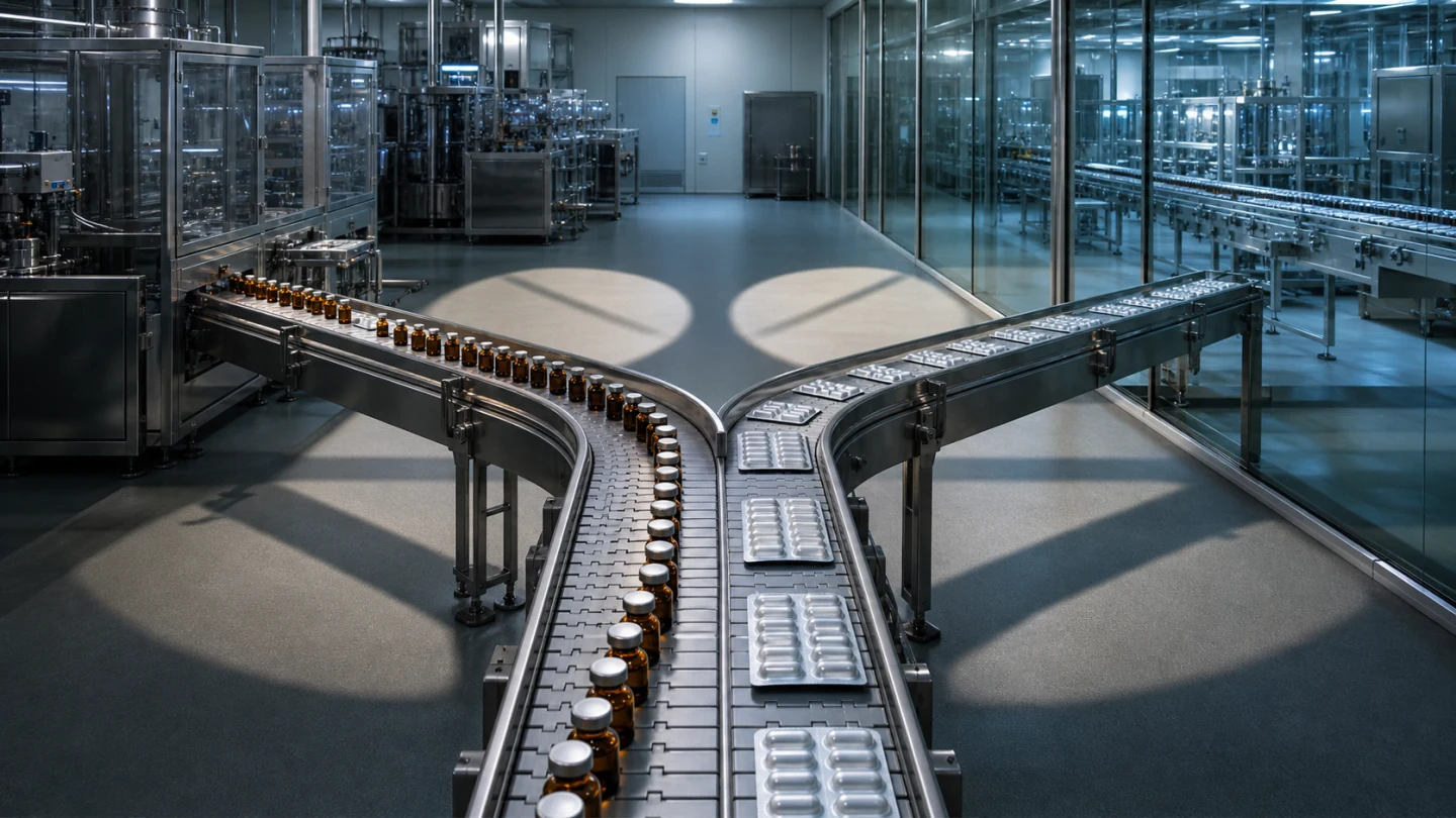 Two pharmaceutical conveyor lines split between amber vials and silver blister packs inside a sterile factory
