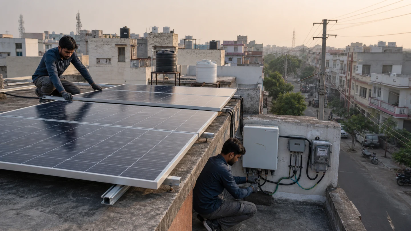 Two technicians install rooftop solar panels and connect household electrical equipment above an Indian residential neighbourhood.