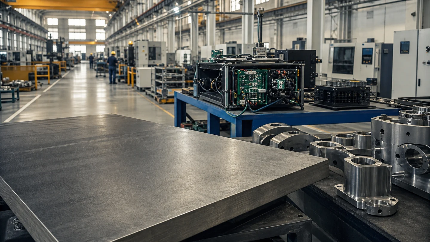 Indian defence manufacturing floor with specialty steel, machined components and an electronics assembly bench