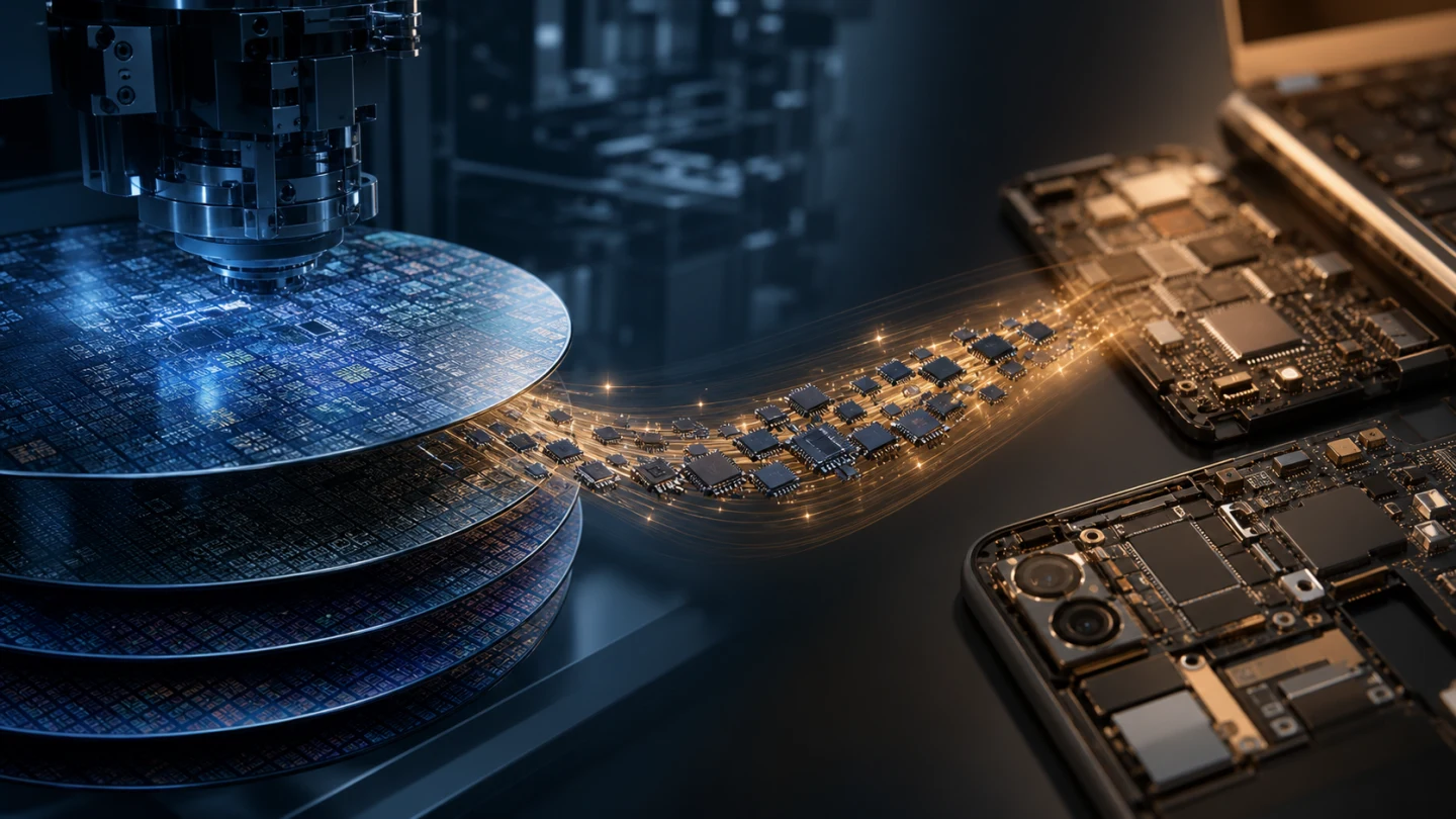 Silicon memory wafers and packaged chips flowing from a fabrication line toward laptop and smartphone circuit boards