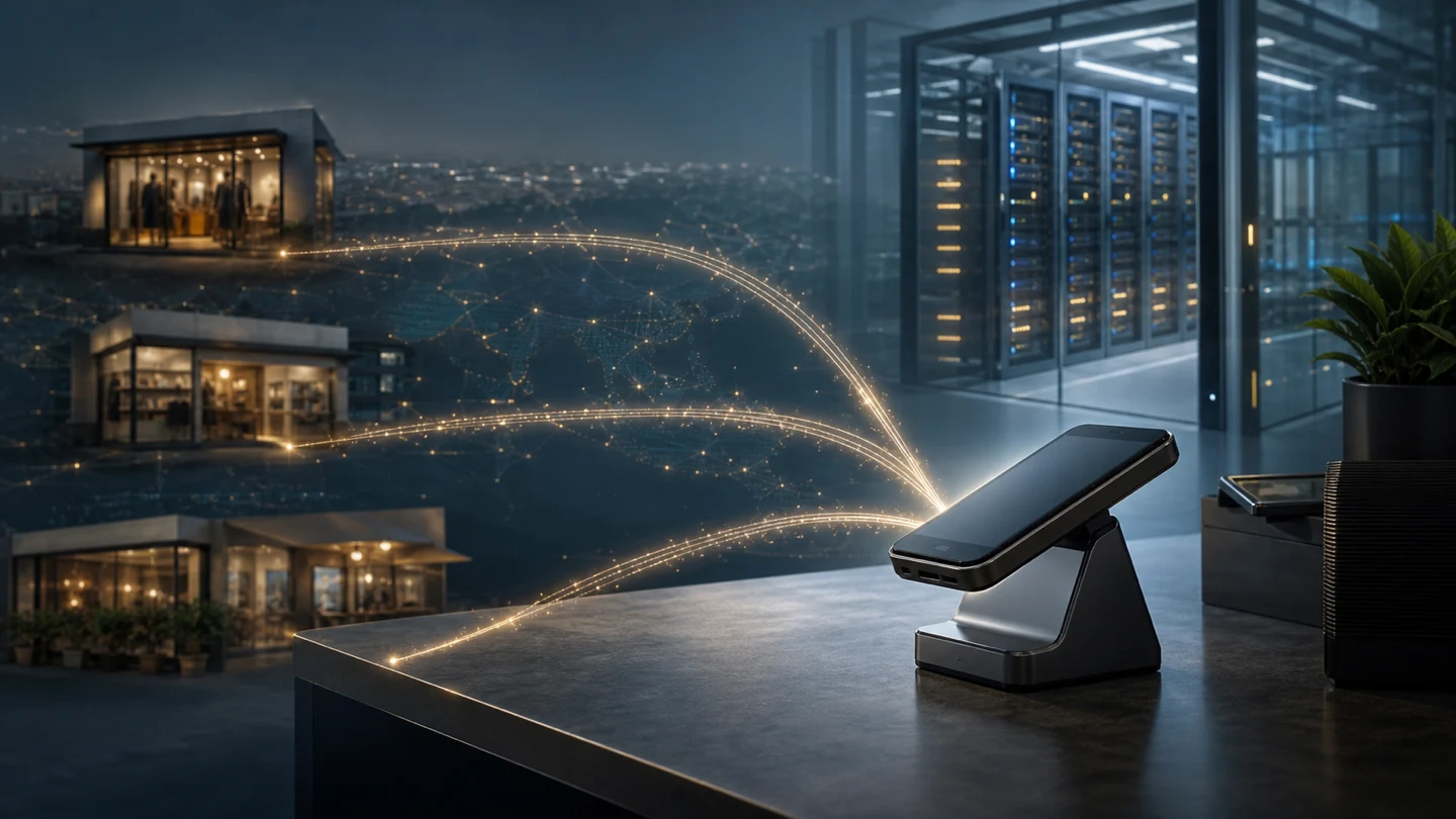 A merchant payment terminal connects storefronts to secure payment infrastructure