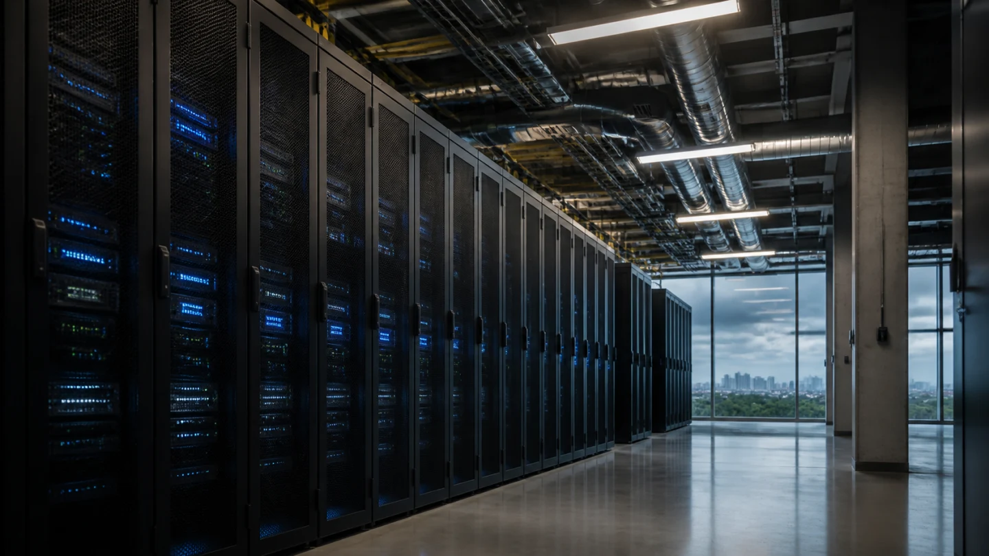 Server racks and cooling ducts inside a modern Indian data centre