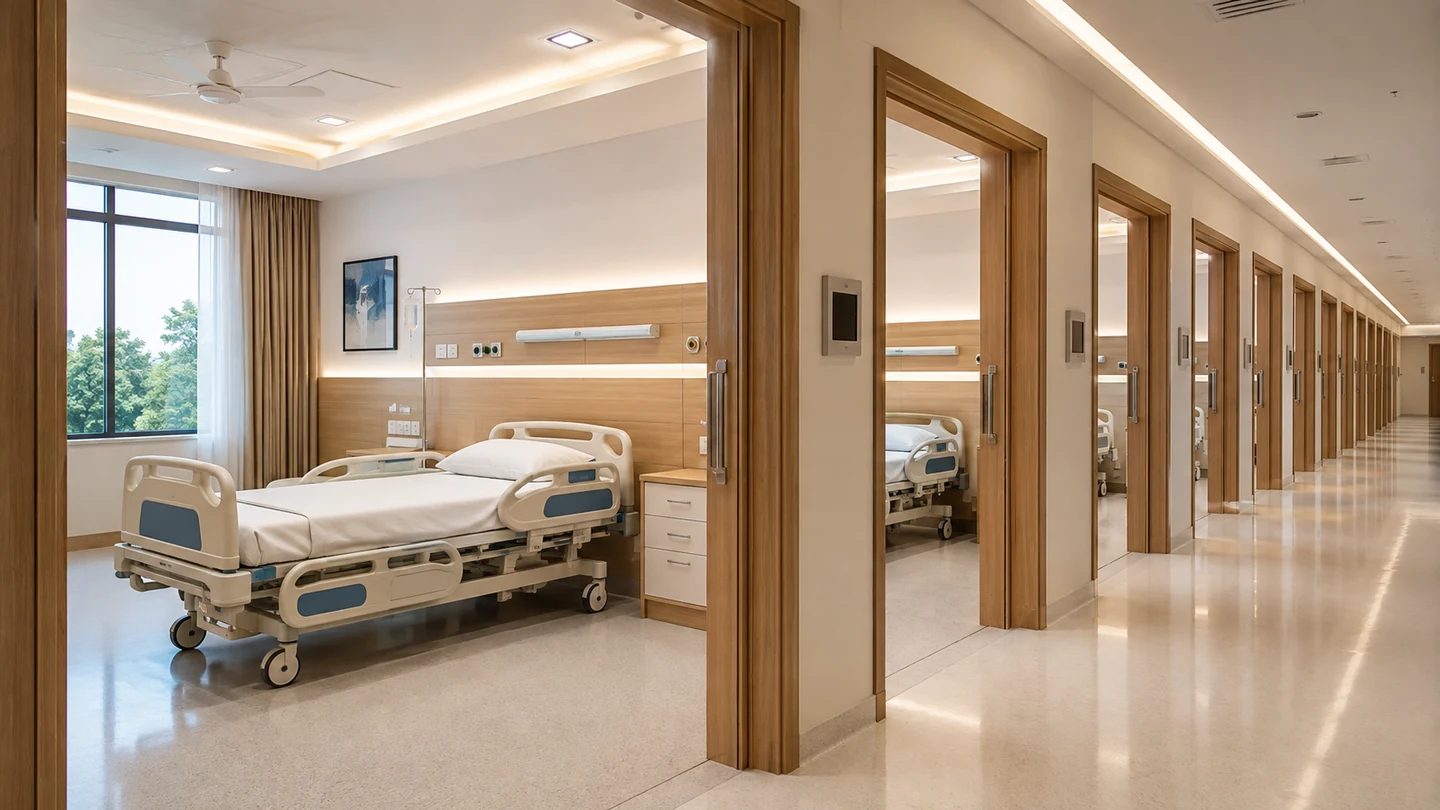 A quiet, modern hospital corridor with orderly patient rooms, illustrating how private-equity capital values and expands Indian hospital bed capacity