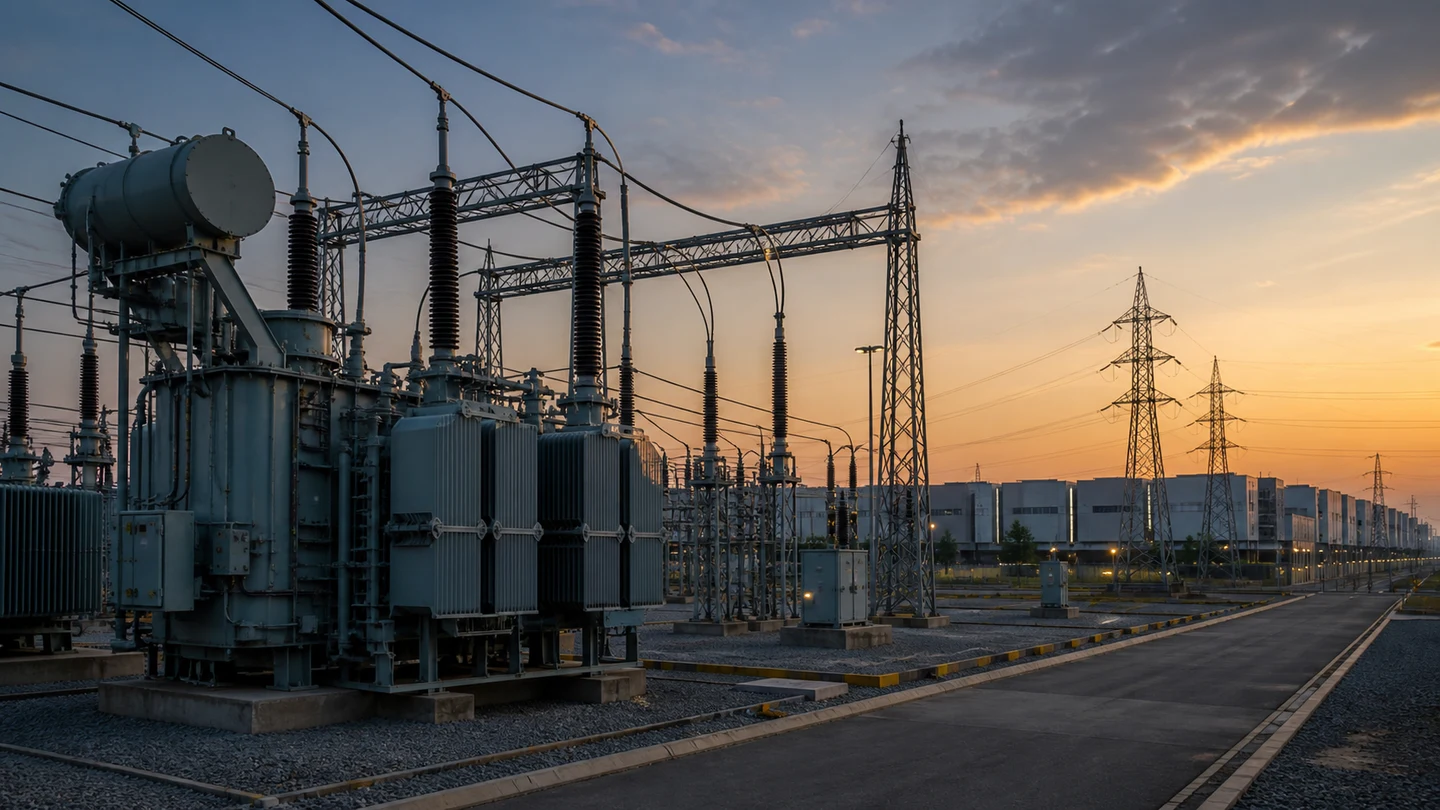 High-voltage transformers and transmission lines beside a data-centre campus at sunset
