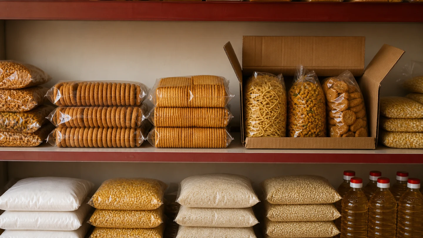Unbranded biscuits and savoury snacks arranged in different pack sizes on an Indian grocery shelf