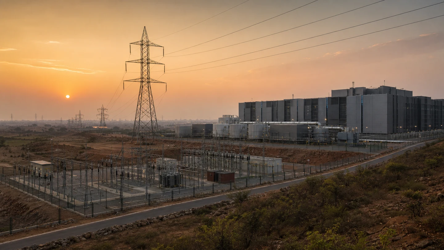 Indian data-centre campus beside a high-voltage transmission substation at dawn