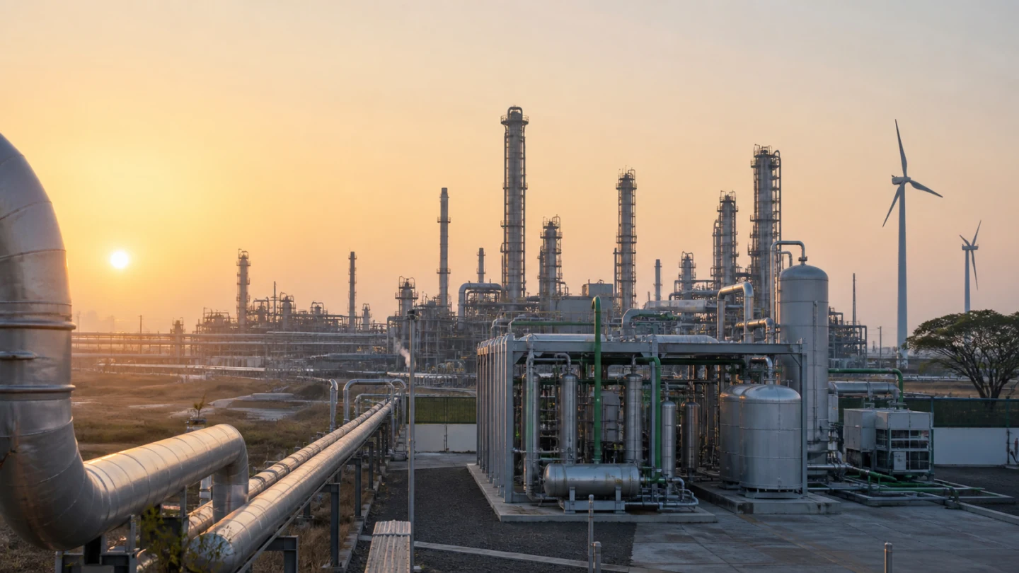 Indian refinery and electrolyser equipment at dawn, showing the infrastructure behind green hydrogen production
