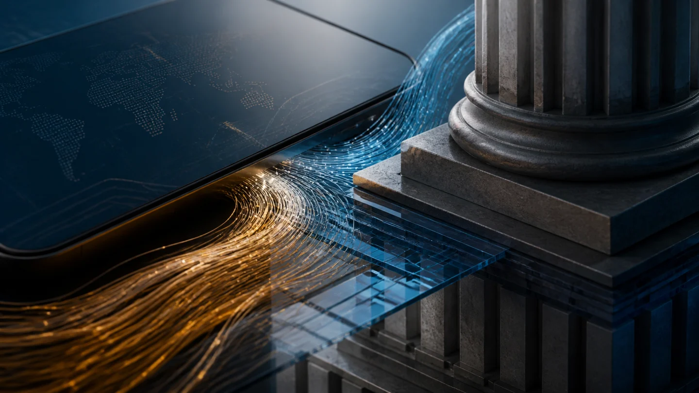 Abstract digital lending infrastructure with blue and amber data paths meeting a solid financial foundation
