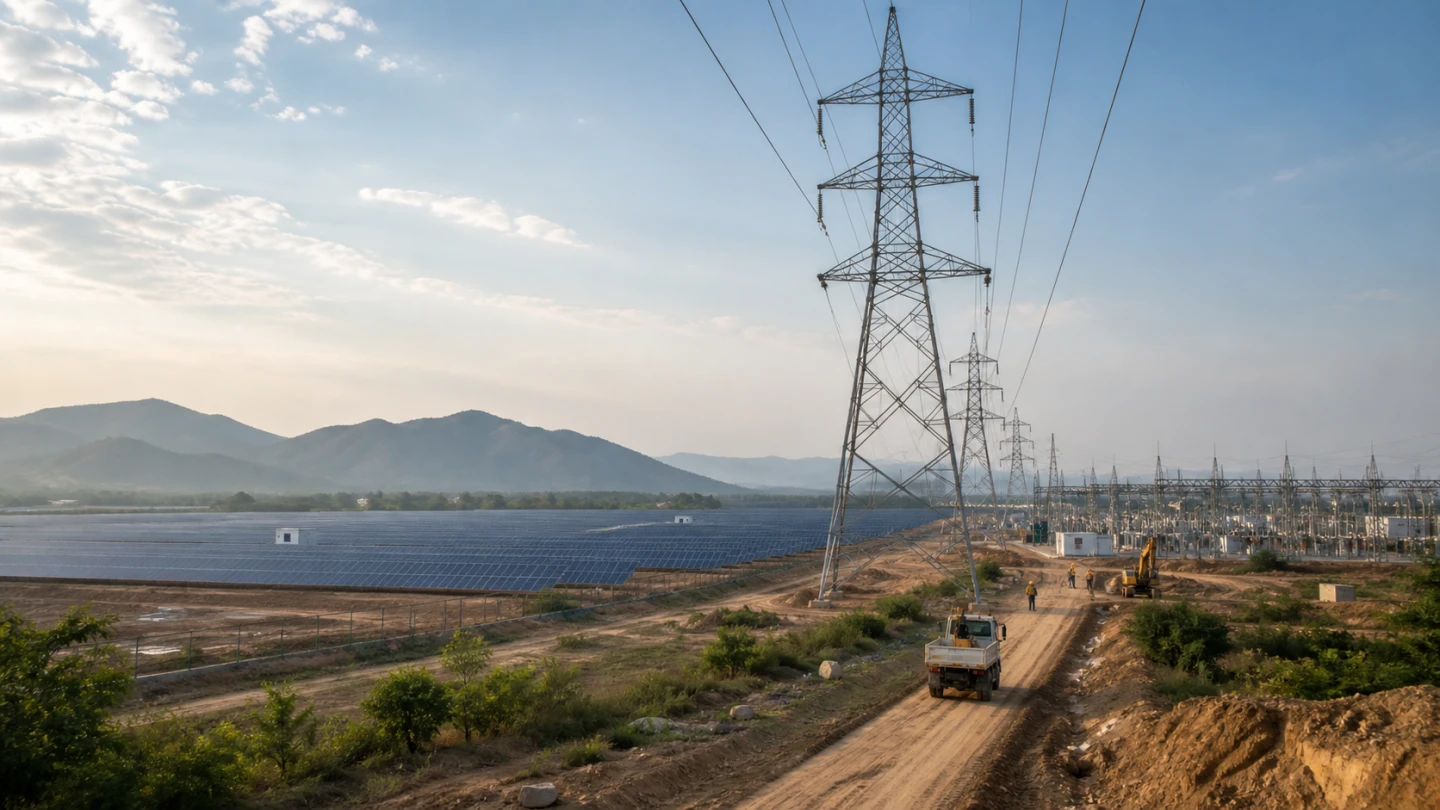 Solar panels, transmission towers and a substation under construction, illustrating the grid connection bottleneck for renewable projects