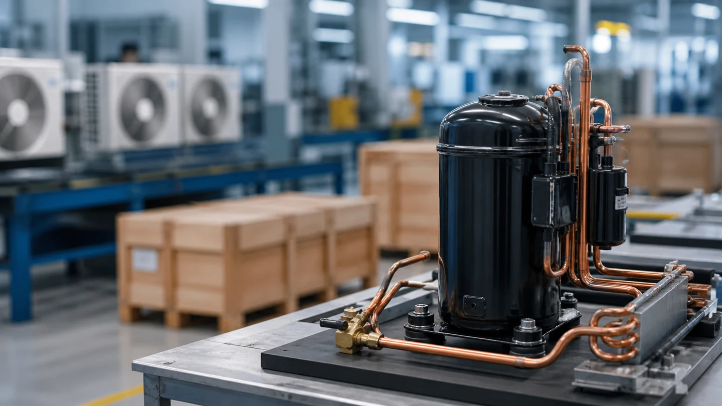 Air-conditioner compressor and copper tubing on an appliance manufacturing line