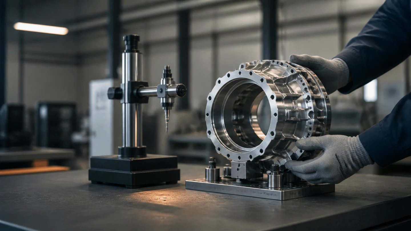 Gloved engineers inspect a precision-machined defence component beside a measurement fixture in a manufacturing workshop