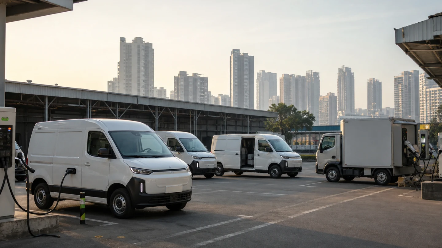 Electric light-goods vehicles charging at an urban logistics depot