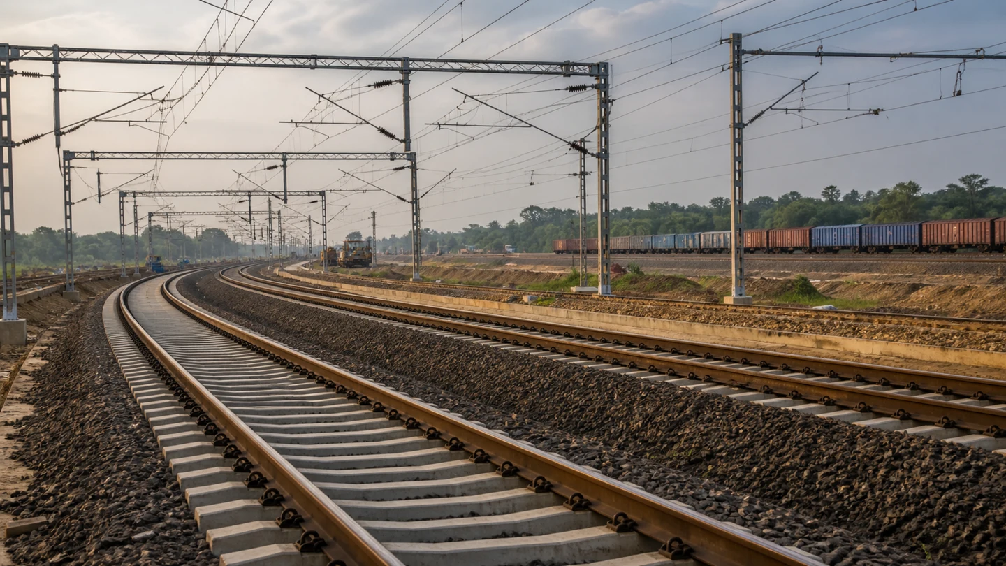 Parallel electrified railway tracks and freight wagons on an expanding Indian rail corridor