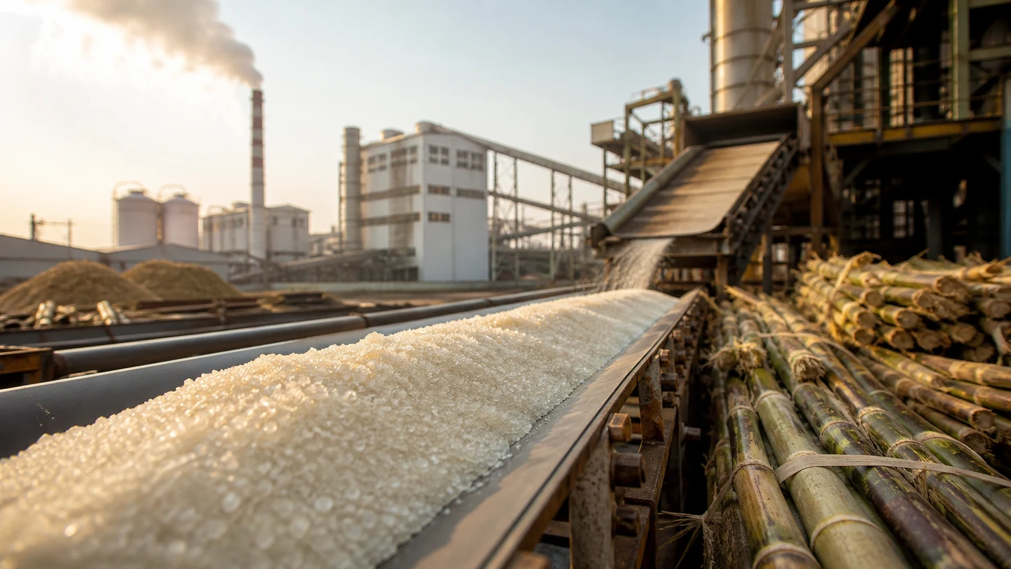 Sugar crystals moving through an industrial mill beside harvested sugarcane