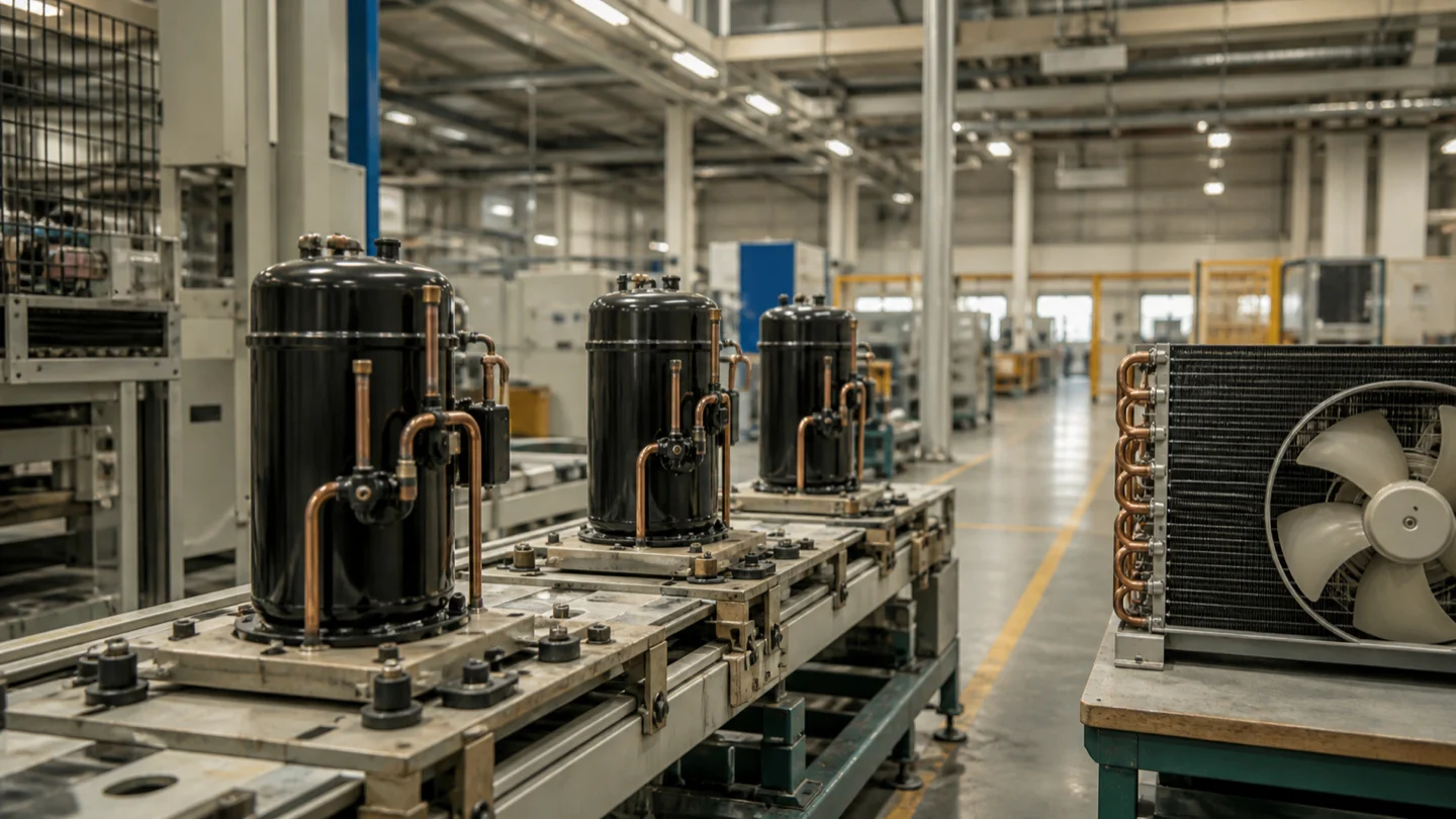 Air-conditioner compressors on an industrial assembly line
