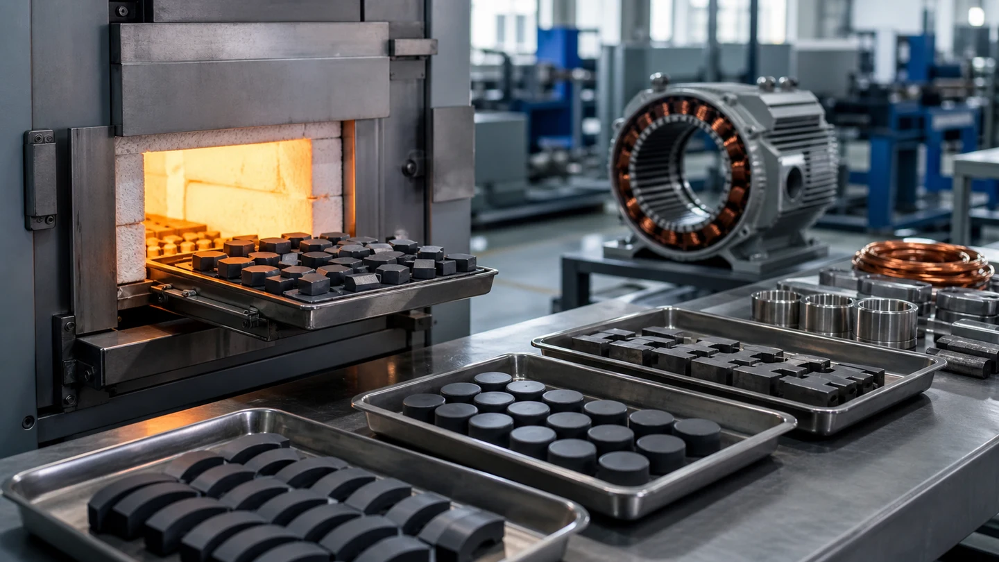 Rare-earth magnet components moving from a heated materials furnace toward an electric motor assembly