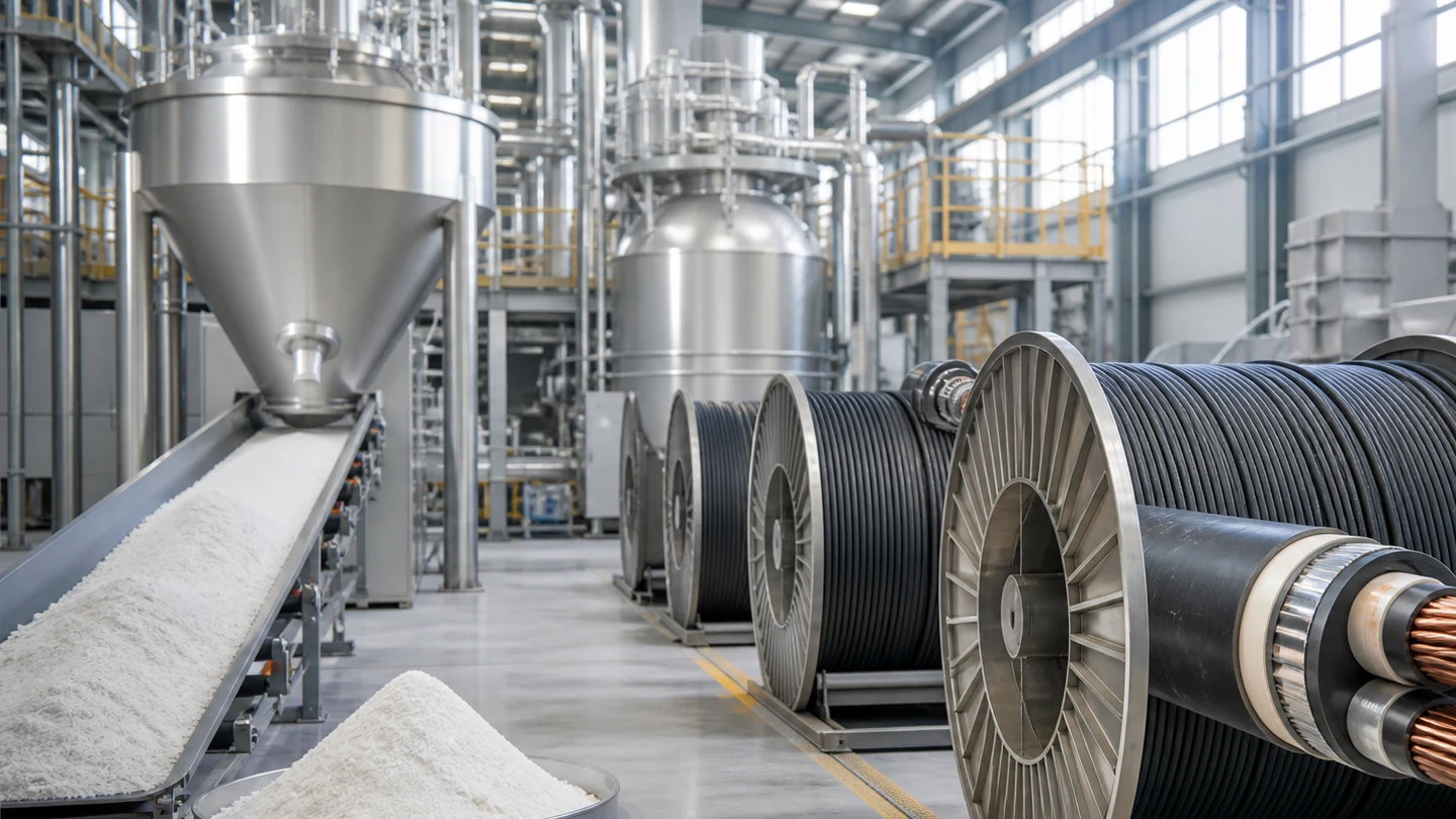 Industrial specialty alumina powder handling beside finished power-cable drums