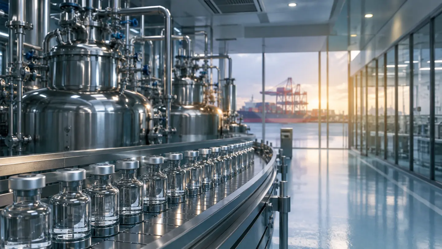 Sterile pharmaceutical vials moving along a clean manufacturing line beside stainless steel processing equipment and a port beyond