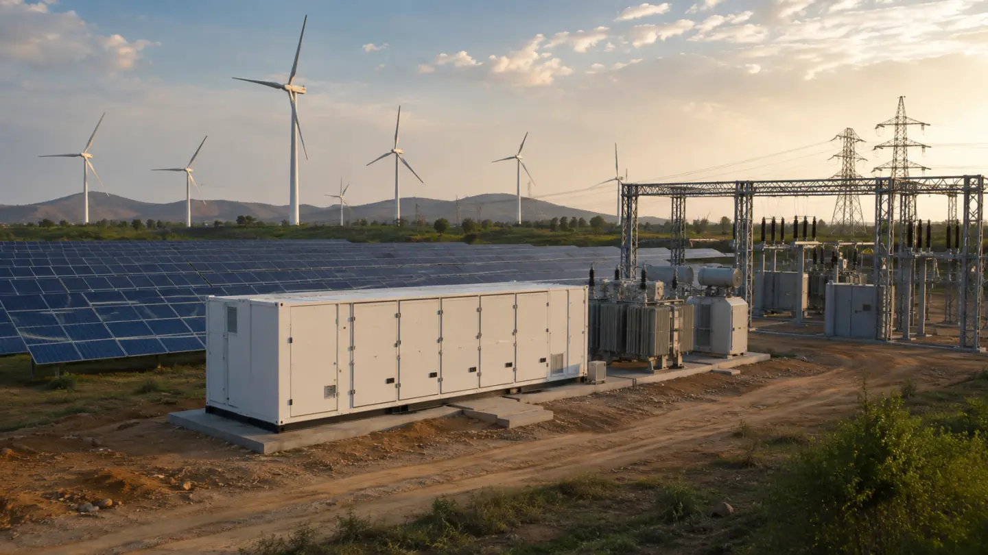 Solar panels and wind turbines connected to a grid-scale battery and electrical substation