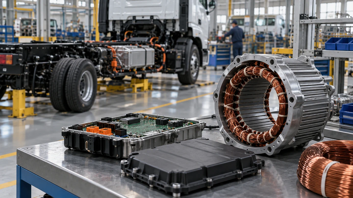 Electric truck motor and controller assembly in an industrial factory