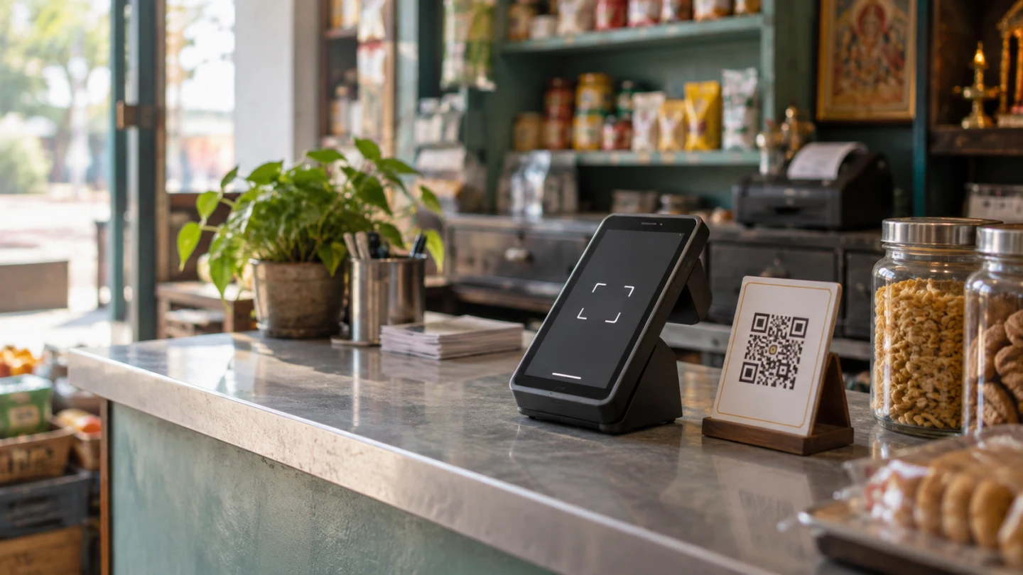 Indian merchant counter with a generic payment terminal and QR payment sign