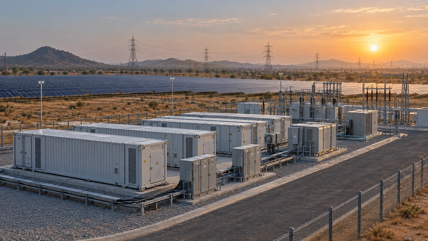 Containerised battery storage units beside a solar farm and transmission substation at sunset