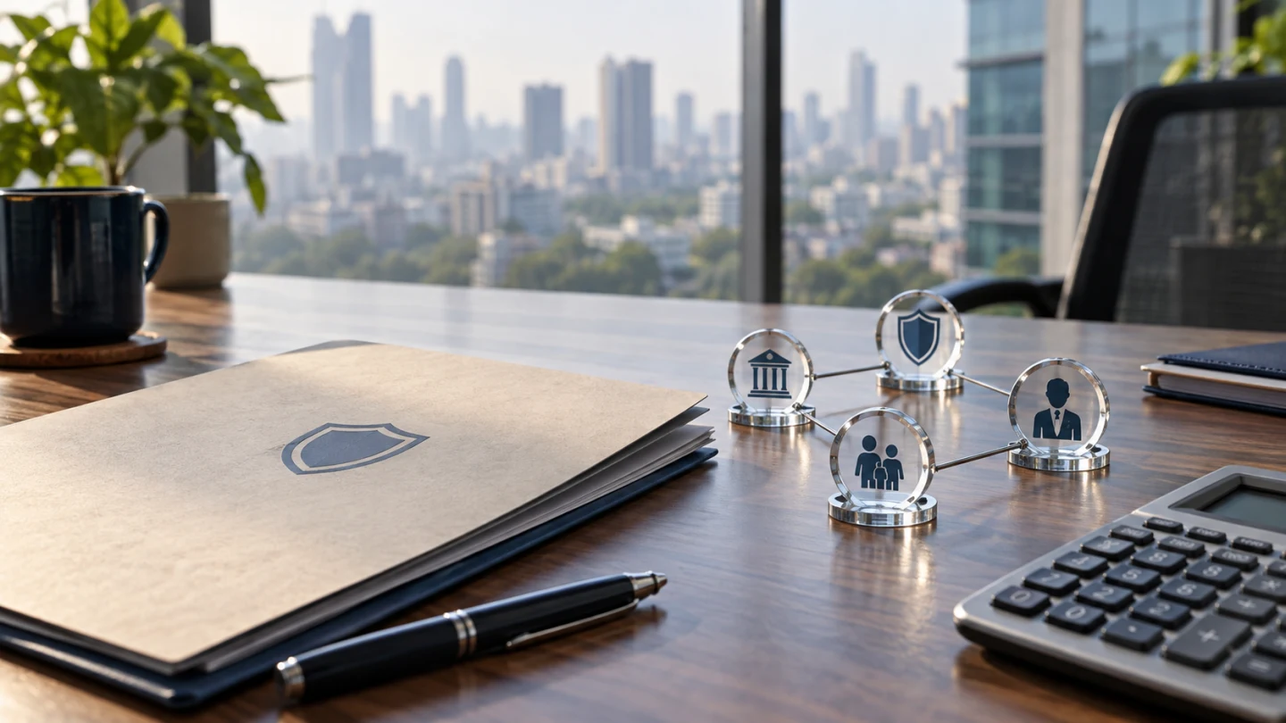 Insurance policy folder and connected insurer, bank and customer symbols on a city office desk