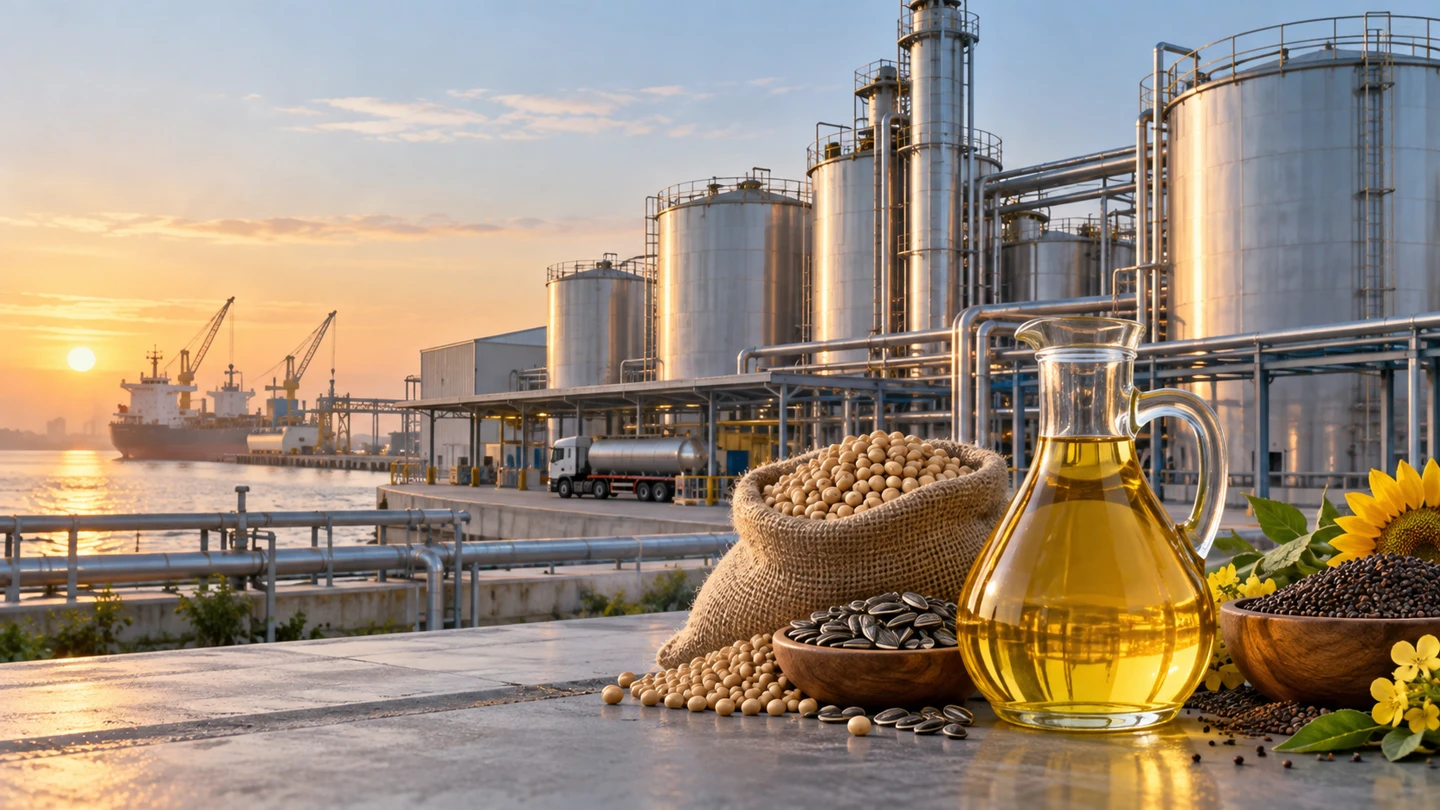 Edible-oil refinery tanks, imported oilseeds and unbranded cooking oil at a port-side processing facility