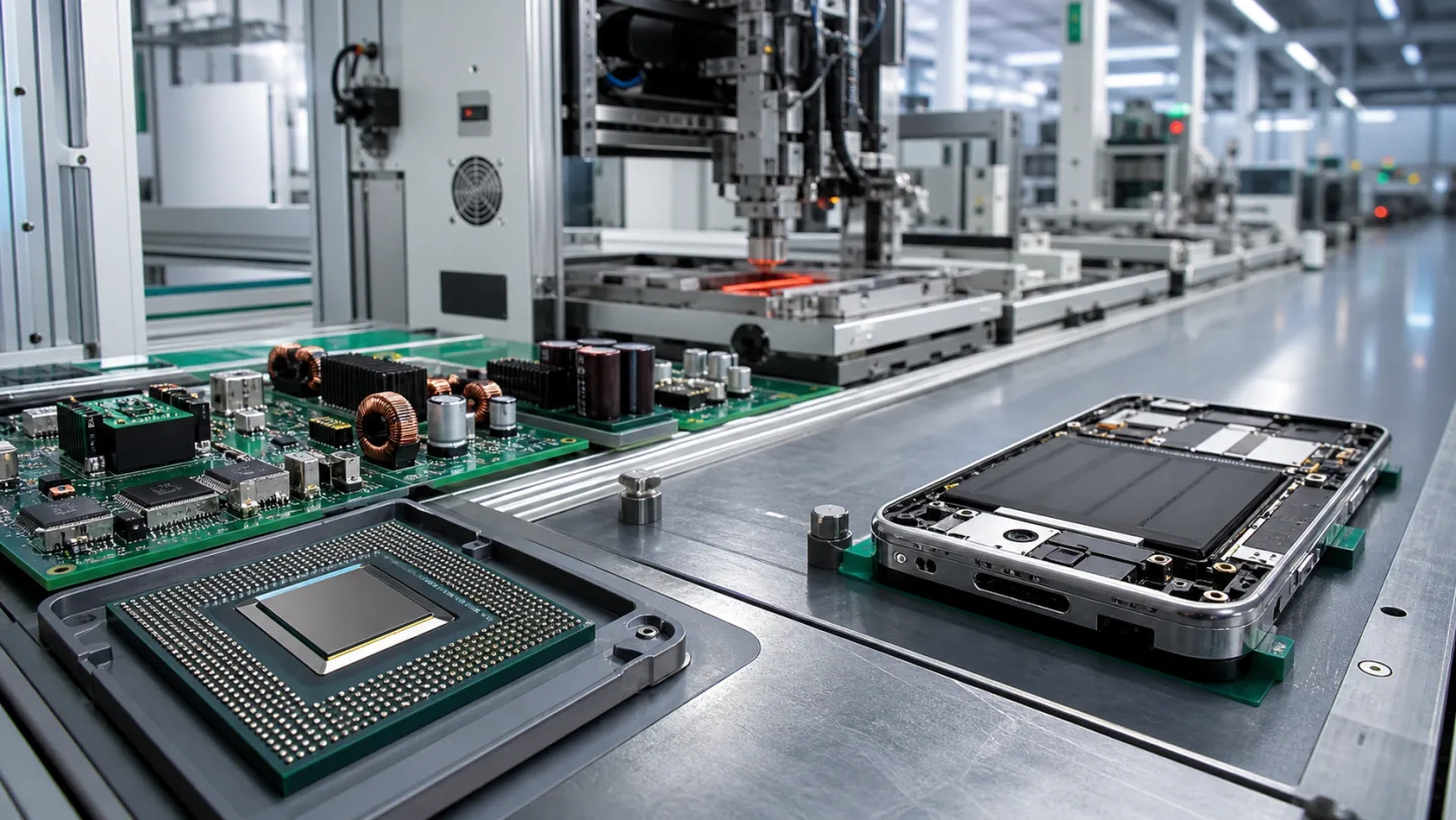 Semiconductor packages, circuit boards and an unfinished handset arranged along an electronics manufacturing line.