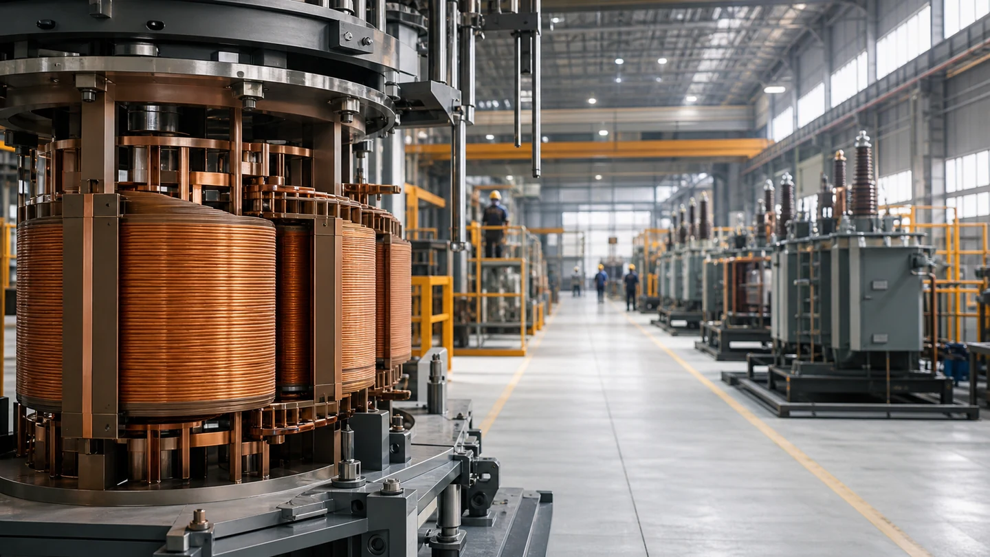 Copper windings and transformer equipment on parallel factory production bays.