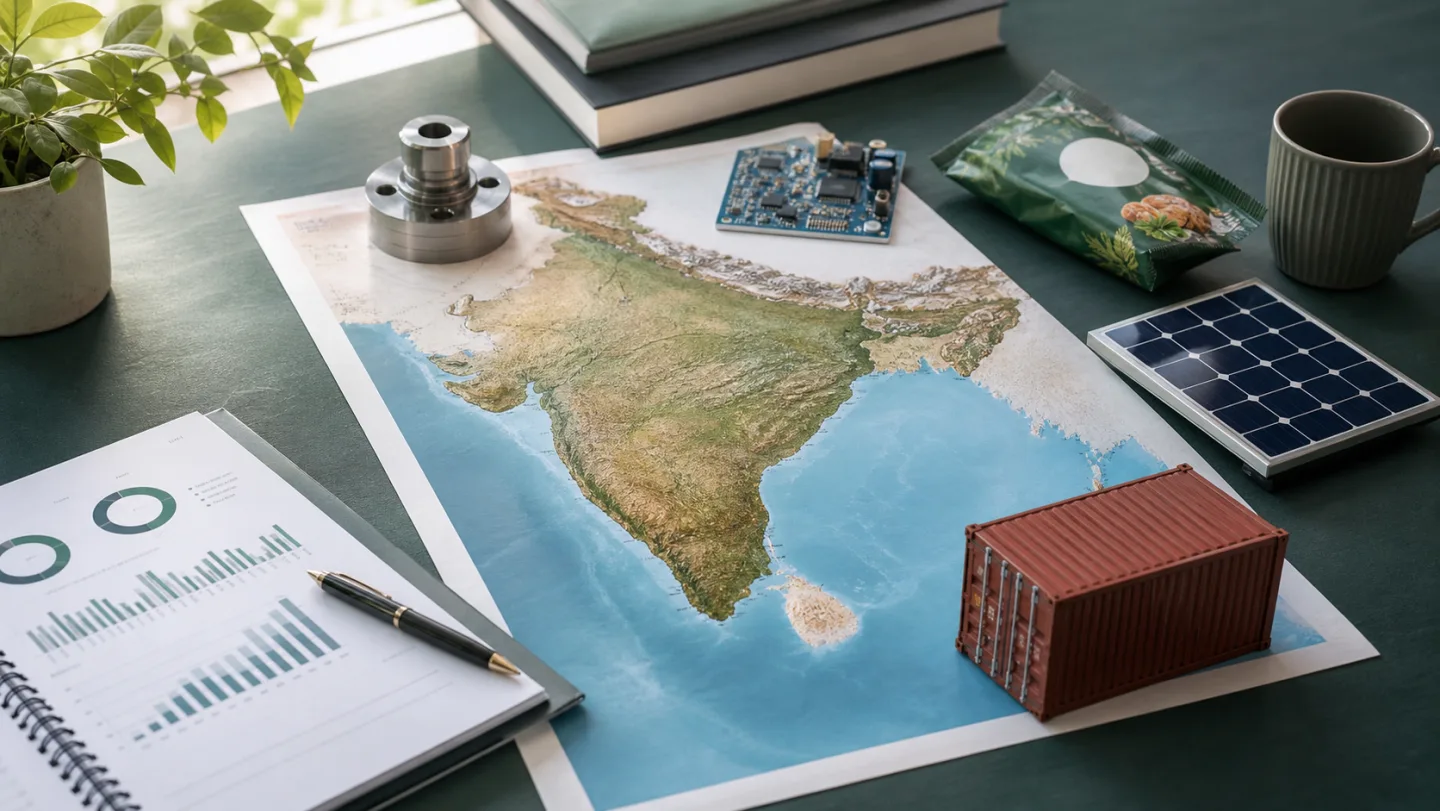 A research desk arranged around a map of India with objects representing manufacturing, electronics, consumer goods, solar power and logistics.