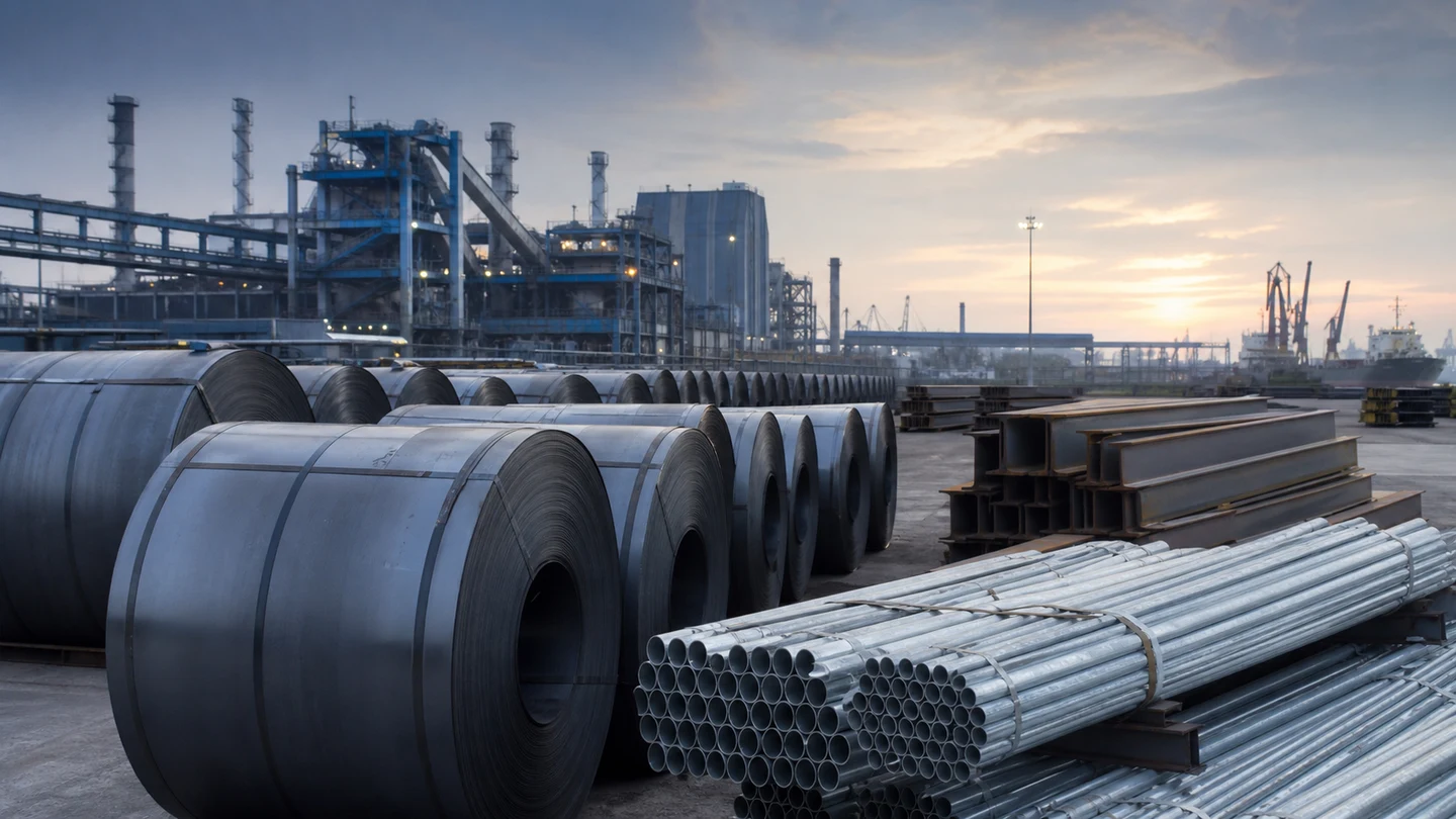 Finished steel coils, pipes and structural sections beside a steel plant and port